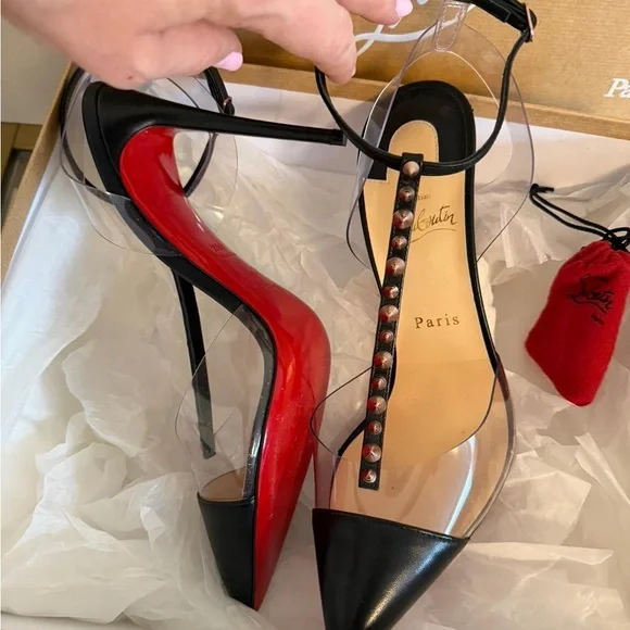 Christian Louboutin Black Pointed-Toe T-Strap Studded Heels - Picture 7 of 9